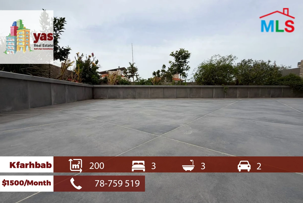 Kfarhbab 200m2 | 180m2 terrace | Rent | Calm Street | New Flat |EH/IV